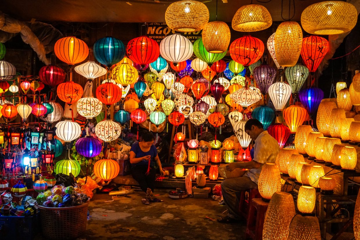 Colourful Vietnamese lanterns glowing at night